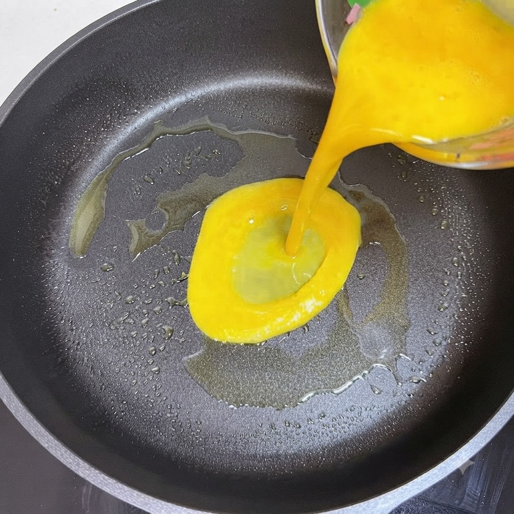 Hellgelbe, verquirlte Eier werden aus einem klaren Messbecher in eine heiße Bratpfanne gegossen.