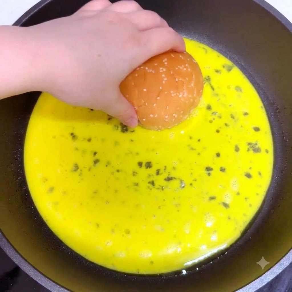 Eine Hand platziert zwei Burgerbrötchen mit der Innenseite nach unten in die flüssige Eimasse einer Bratpfanne.