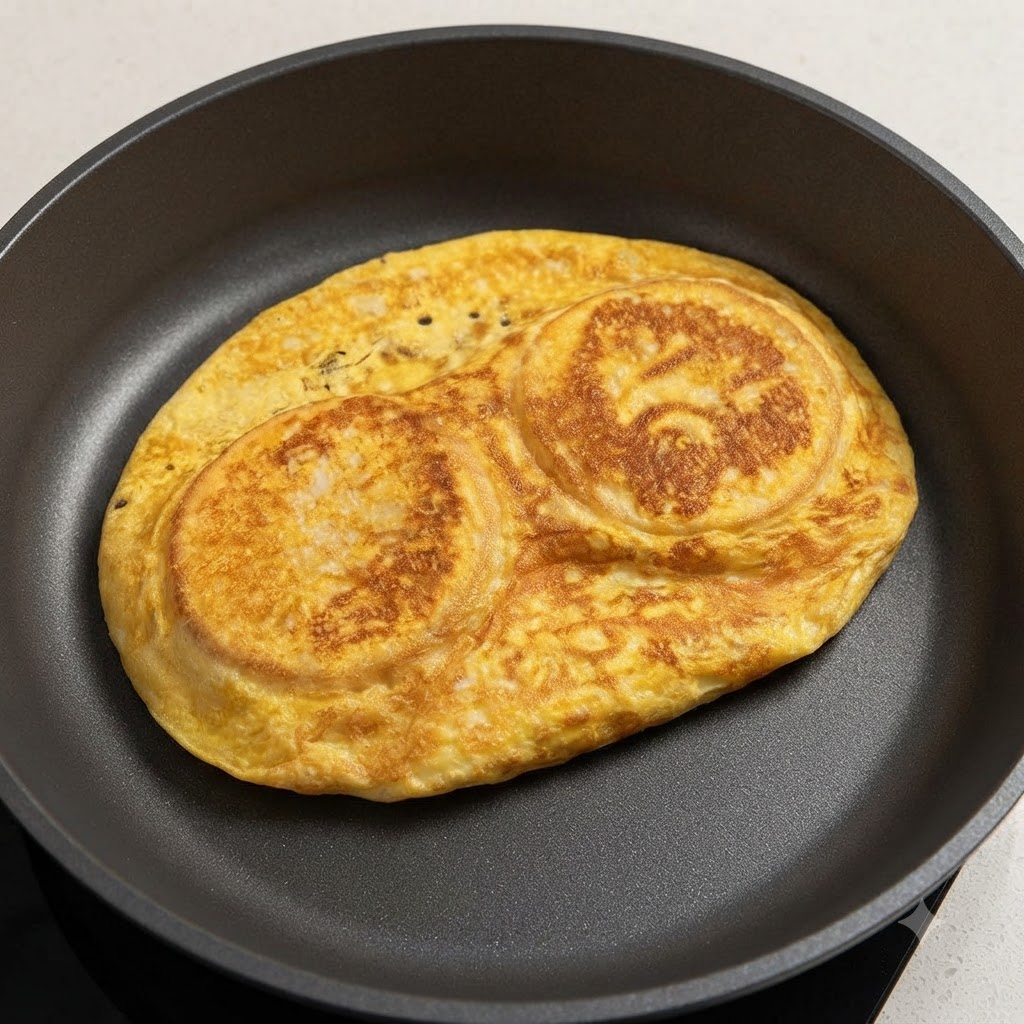 Ein gebratenes, goldenes Omelett wird in einer Bratpfanne um zwei Burgerbrötchen gefaltet.