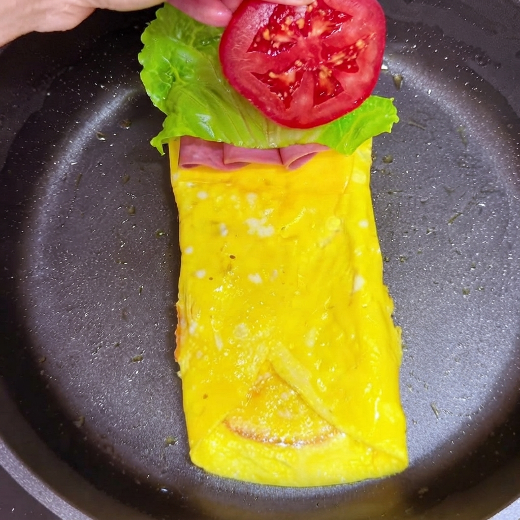 Eine Scheibe roter Tomate wird auf das Salatblatt gelegt.