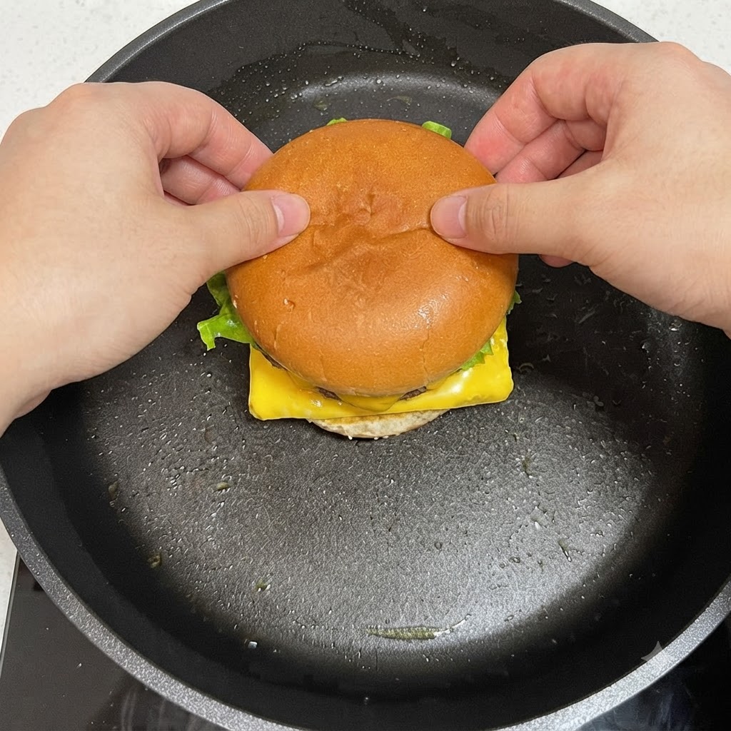 Hände setzen das obere Burgerbrötchen auf die geschichteten Zutaten und schlagen die Eierränder darum ein.
