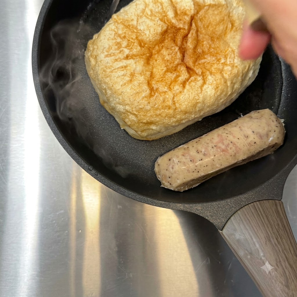 Kochendes Wasser wird neben dem Ciabatta und der Wurst in die Pfanne gegossen.