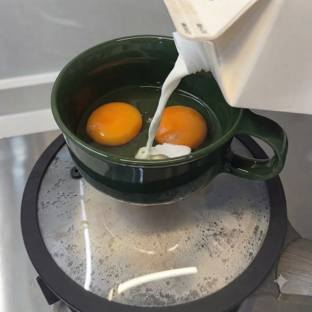 Milch wird aus einem Karton in die Schüssel mit den Eiern gegossen.