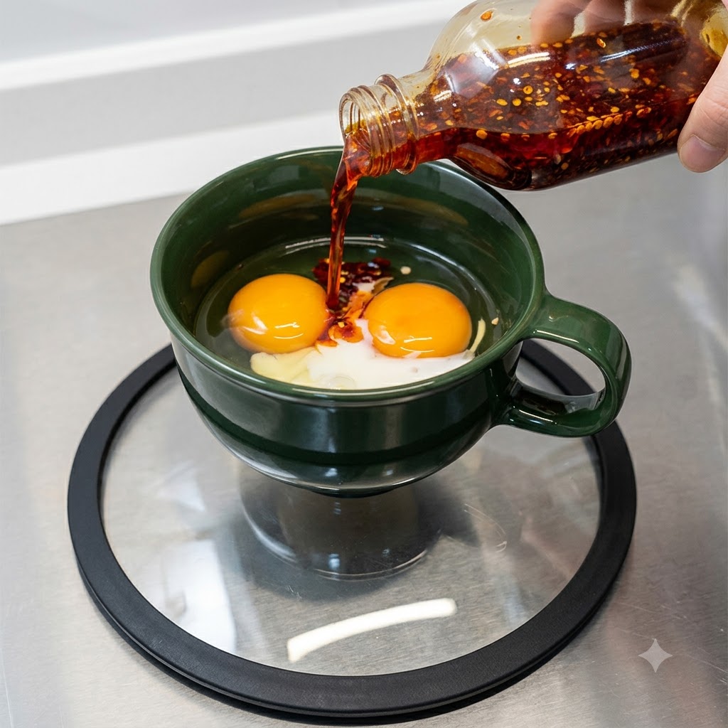 Chiliöl wird in die Schüssel mit Eiern und Milch gegossen.