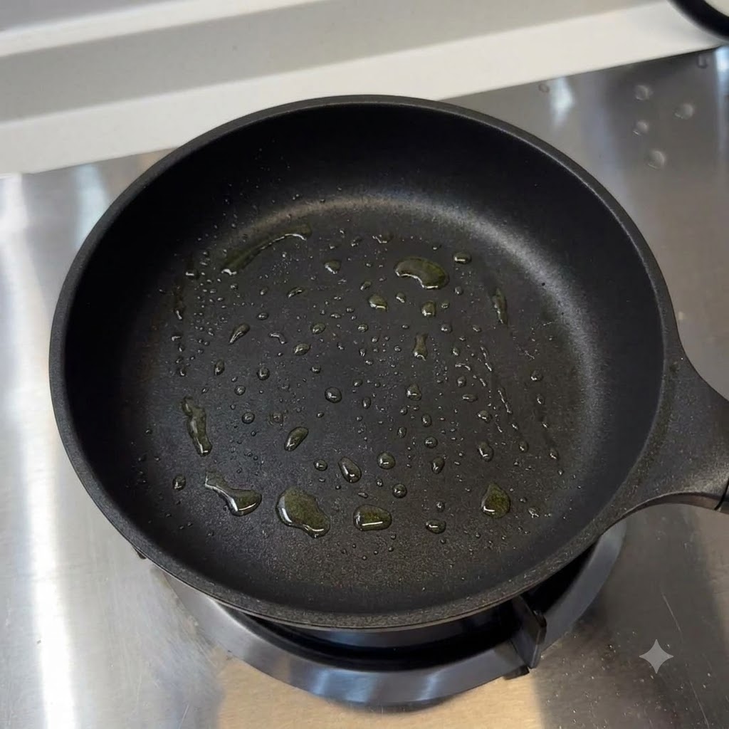 Eine eingefettete Bratpfanne mit Wassertropfen am Boden.