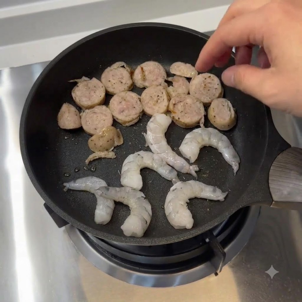 Geschnittene Wurst und rohe Garnelen in einer Bratpfanne auf einem Gaskocher.