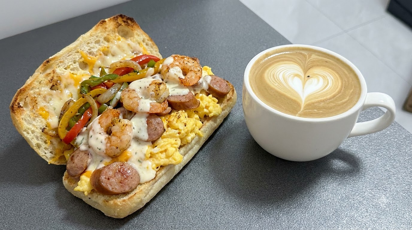 Ultimate Ciabatta-Frühstückssandwich mit Kaffee