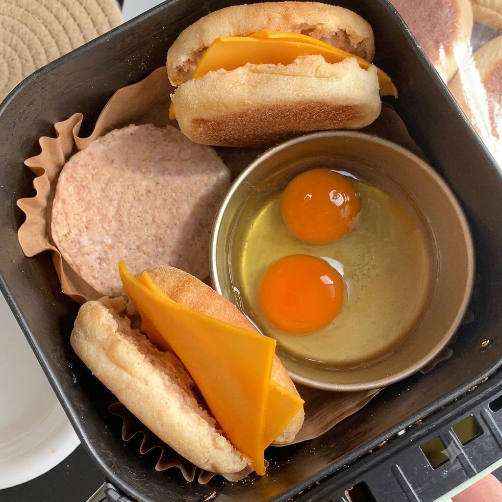 Zwei Eier schlagen in eine runde Metallform in einer Pfanne neben einem anbratenden Frühstückswurst-Patty.