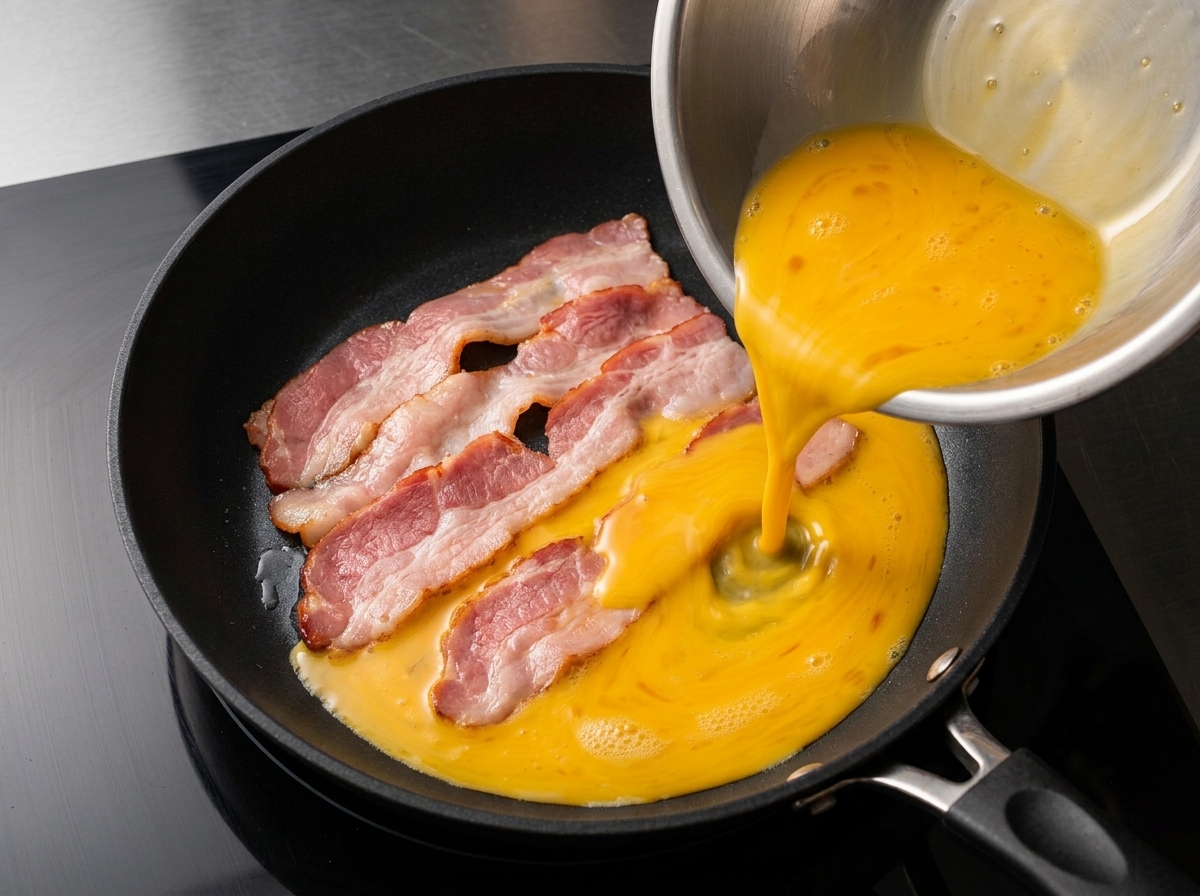 Verquirlte Eier werden aus einer Edelstahlschüssel direkt über Baconscheiben in eine heiße Pfanne gegossen.