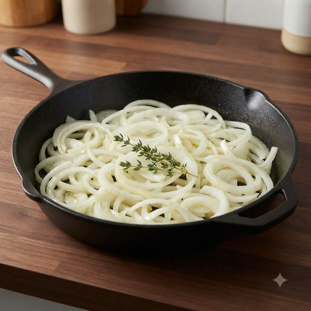 Eine Gusseisenpfanne mit rohen Zwiebelringen und frischem Thymian auf einer Holzarbeitsplatte.
