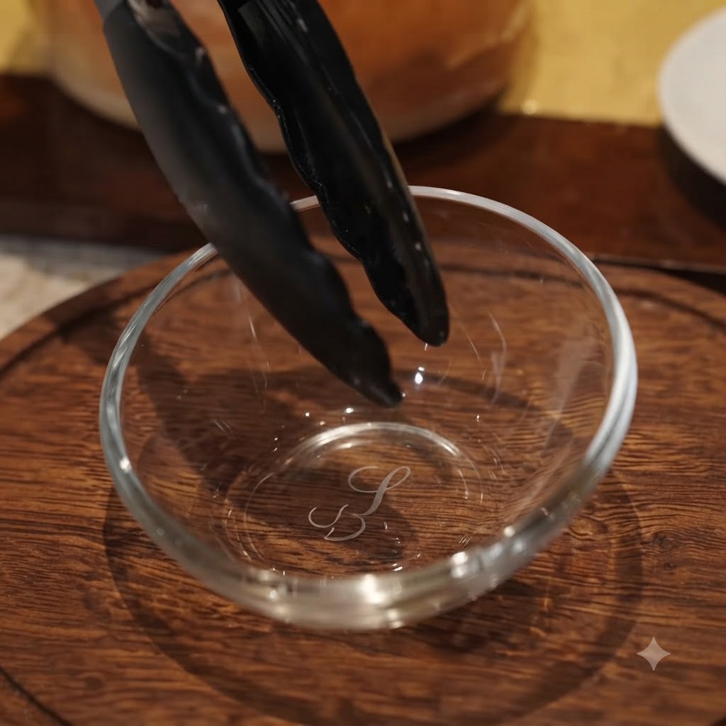 Küchenzange hebt karamellisierte Zwiebeln aus einer Pfanne in eine kleine Glasschüssel.