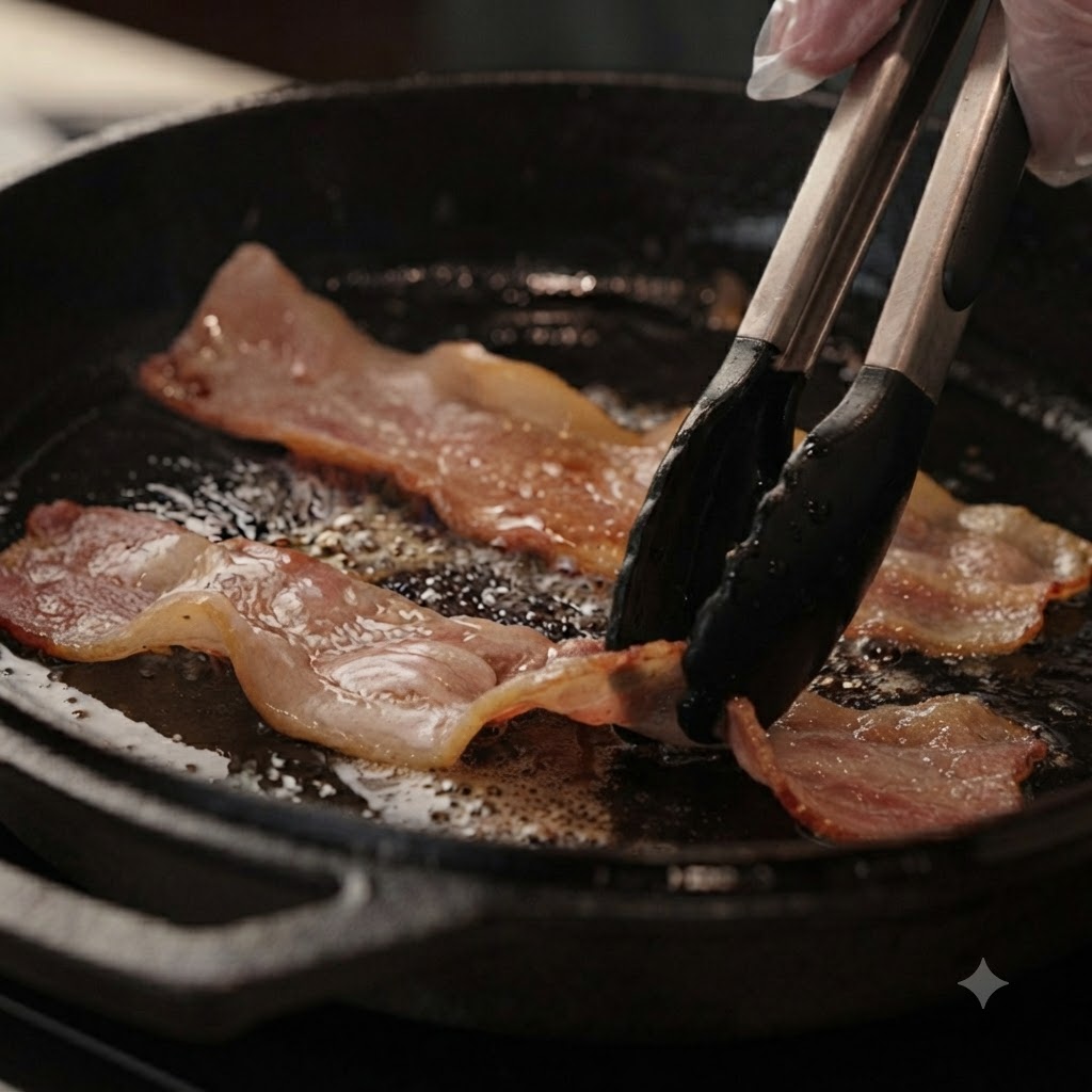 Baconstreifen braten in einer heißen Gusseisenpfanne und werden mit einer schwarzen Küchenzange gewendet.