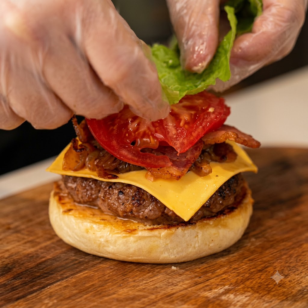 Eine Hand platziert frischen grünen Salat auf Tomaten, Bacon, Käse und einem Rinderpatty.