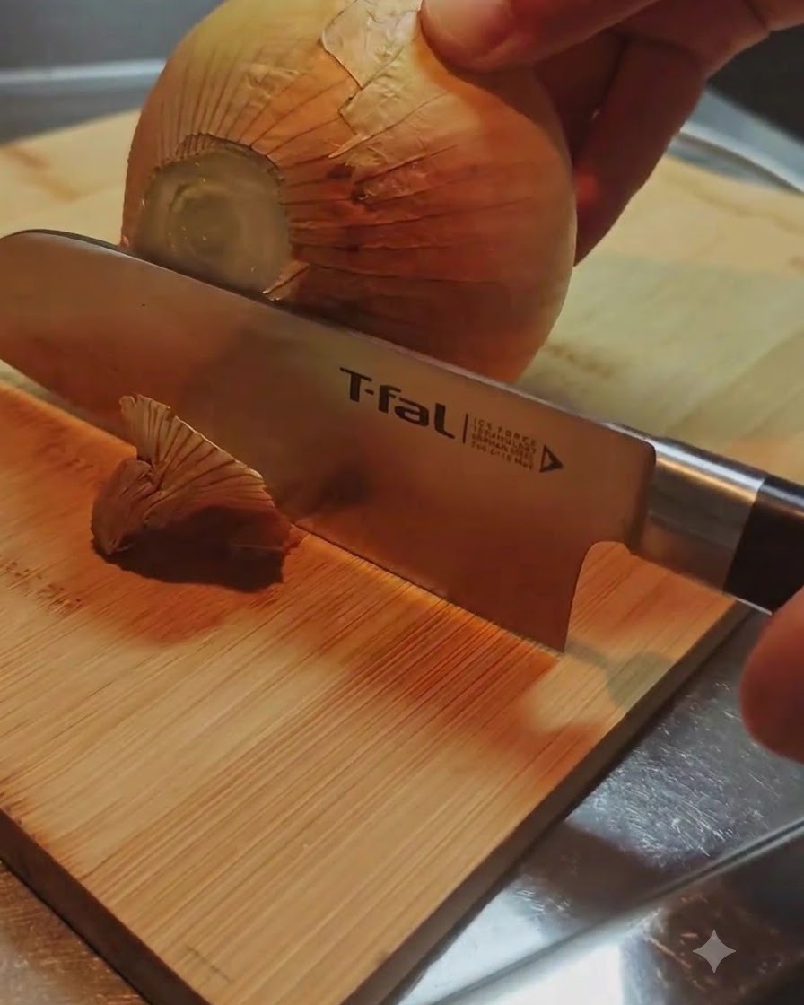 Ein Messer schneidet das Wurzelende einer ganzen Zwiebel auf einem Holzschneidebrett ab.