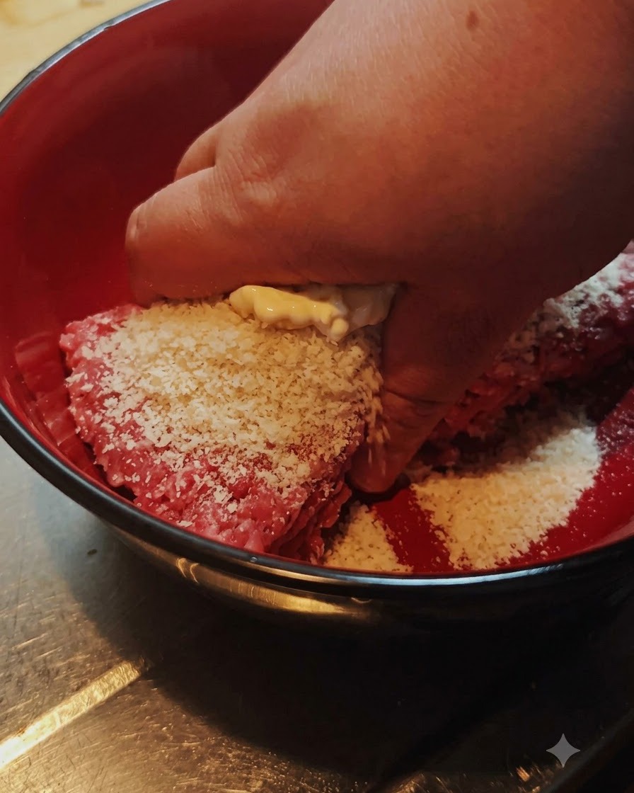 Eine Hand vermengt Rinderhackfleisch, Paniermehl und Gewürze in einer roten Rührschüssel.