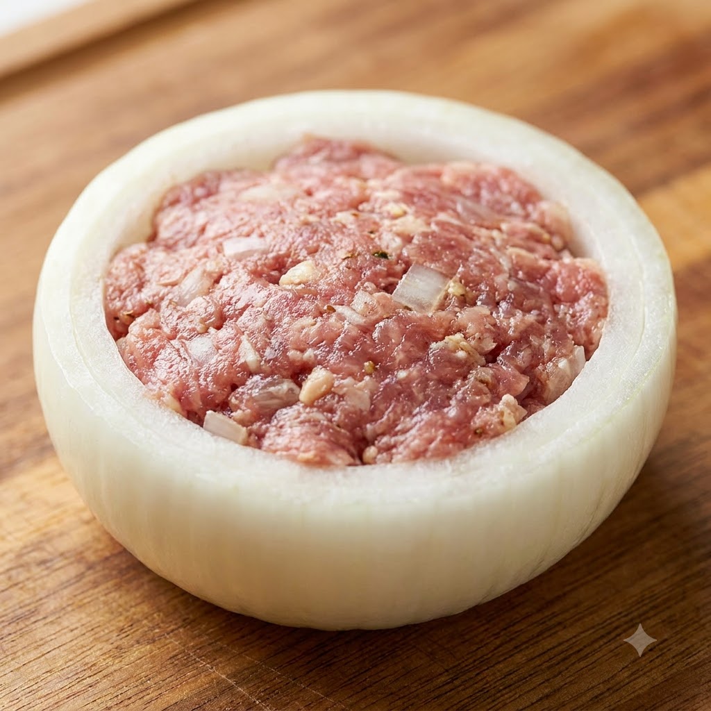 Ein einzelner mit Fleisch gefüllter Zwiebelring liegt auf einer Holzoberfläche und ist gleichmäßig mit gewürztem Rinderhackfleisch gefüllt.