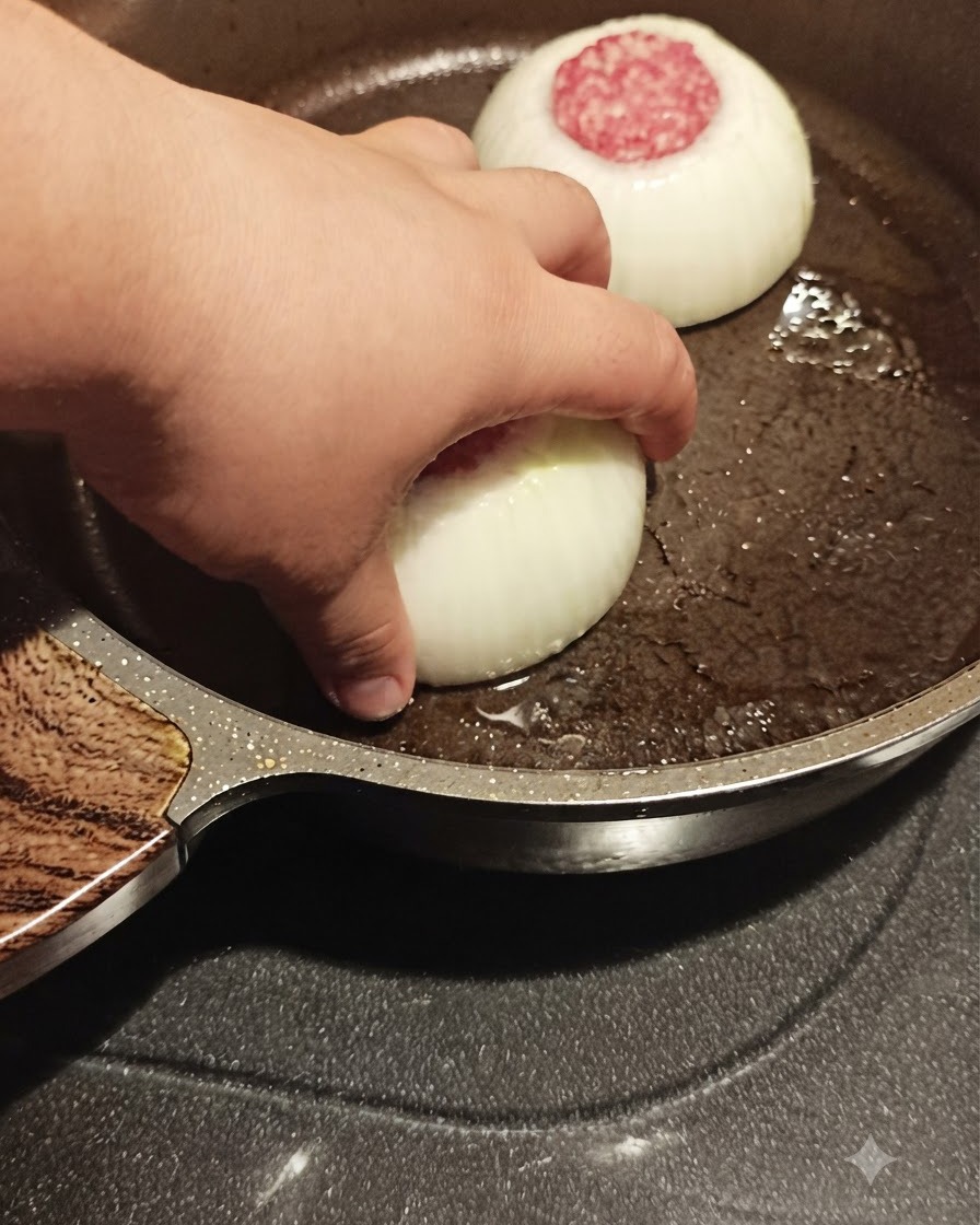 Eine Hand legt einen fleischgefüllten Zwiebelring zusammen mit gehackten Zwiebeln in eine heiße Bratpfanne.