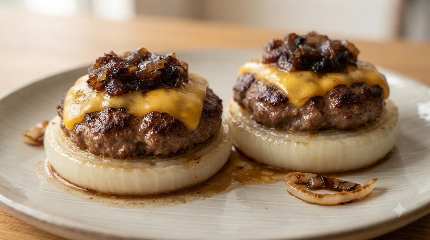 Zwei mit Fleisch gefüllte Zwiebelringe, garniert mit geschmolzenem Käse und herzhaften Zwiebeln
