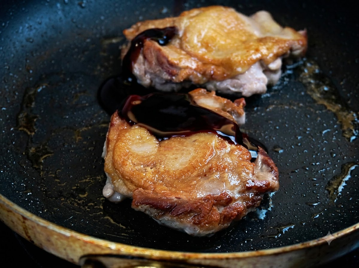 Dunkle Teriyaki-Soße wird über goldbraun angebratene Hähnchenschenkel in einer Pfanne geträufelt.