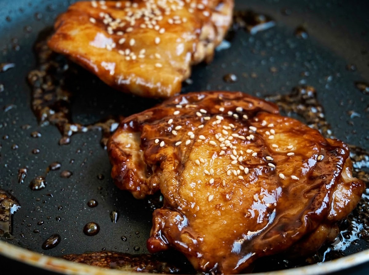 Nahaufnahme glasierter Teriyaki-Hähnchenschenkel in einer Bratpfanne, garniert mit verstreuten weißen Sesamsamen.