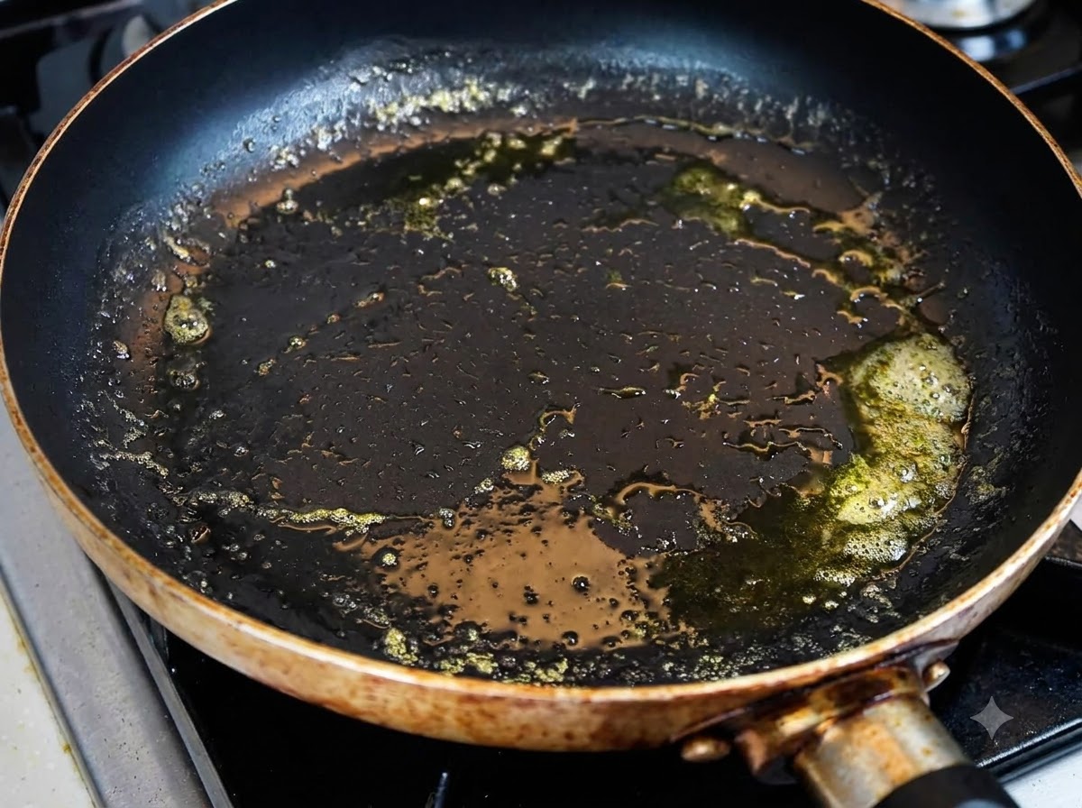 Butter schmilzt und blubbert in einer dunklen Bratpfanne zum Toasten von Burgerbrötchen.