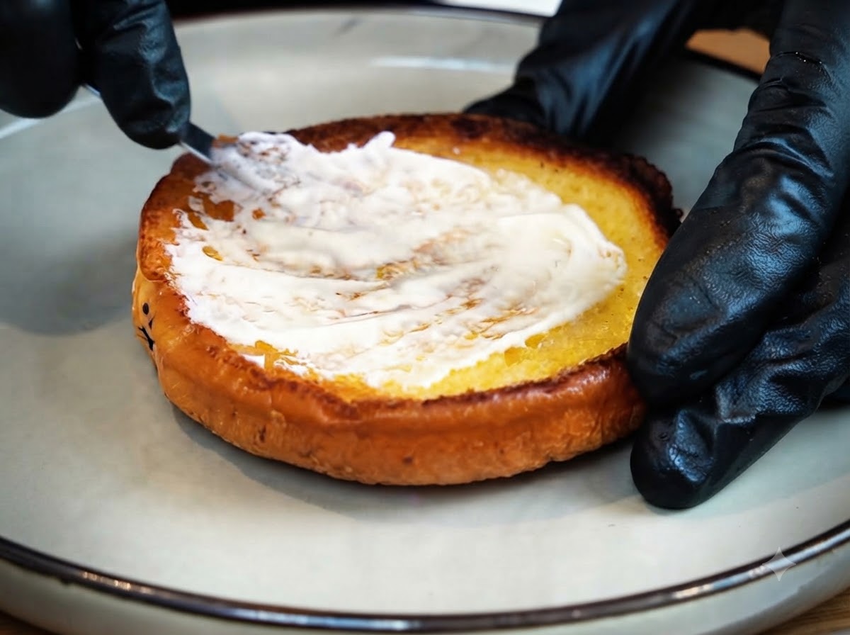 Eine behandschuhte Hand verteilt mit einem kleinen Spatel weiße Mayonnaise auf einem goldbraun getoasteten Burgerbrötchen.