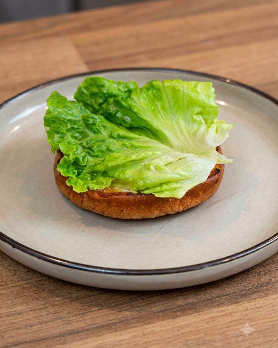 Frische grüne Salatblätter ordentlich auf einem getoasteten Burgerbrötchen angerichtet, das auf einem Keramikteller ruht.