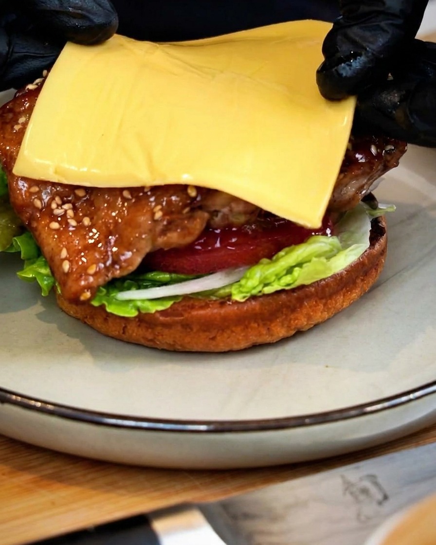Eine Scheibe gelber Käse wird auf glasiertes Hähnchen und Gemüseschichten auf einem Burgerbrötchen gelegt.