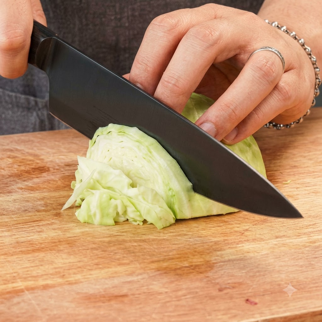 Ein scharfes Messer schneidet einen Weißkohl auf einem Holzschneidebrett.