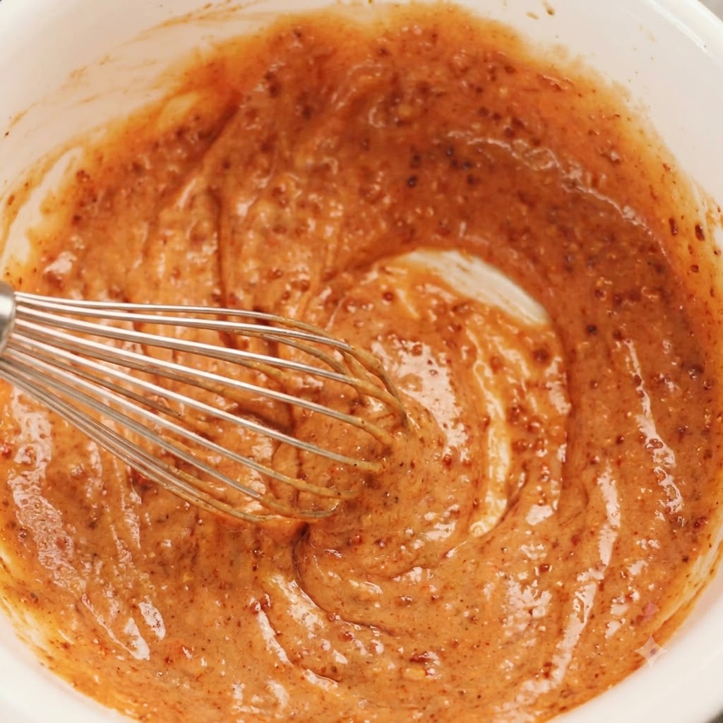 Ein Schneebesen verrührt eine orangenrote Sauce in einer weißen Keramikschüssel.
