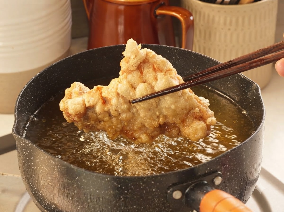 Holzstäbchen halten ein goldbraunes, knuspriges Hähnchenstück über heißem Öl.