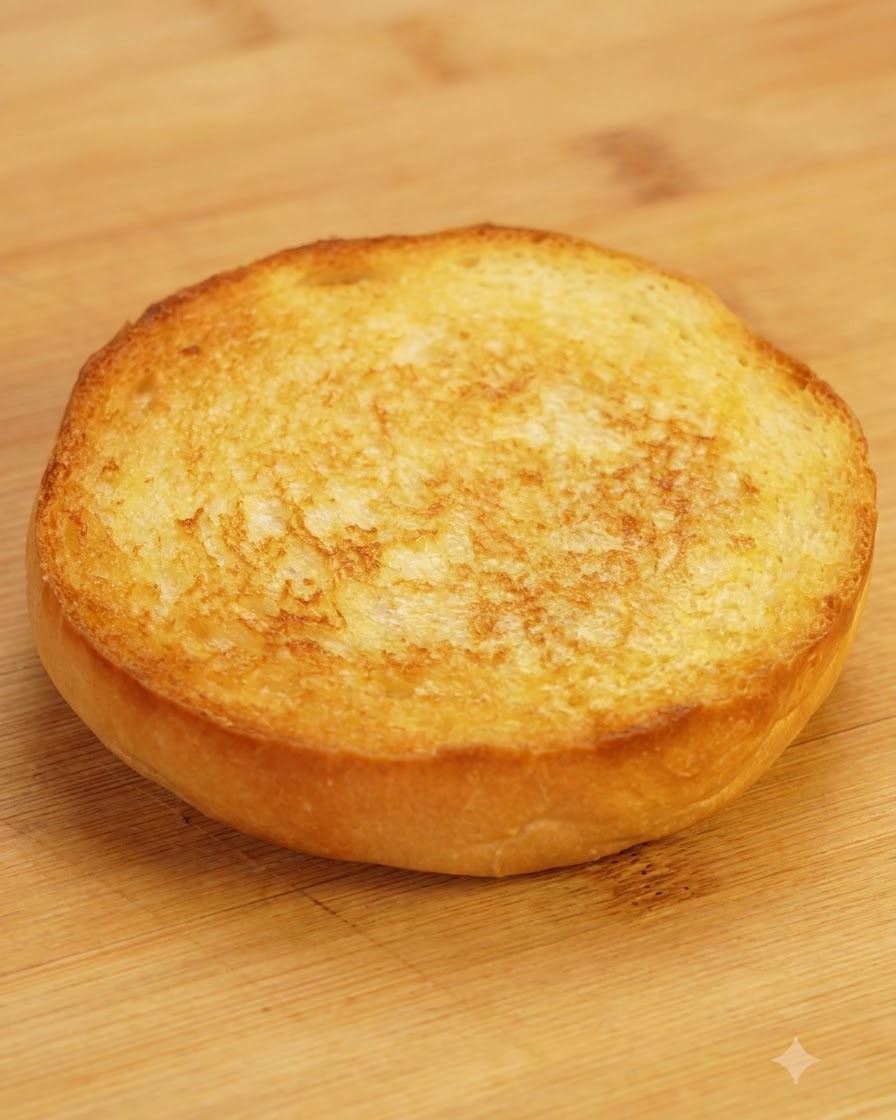 Eine goldbraun getoastete Burgerbrötchenhälfte auf einem Holzbrett.