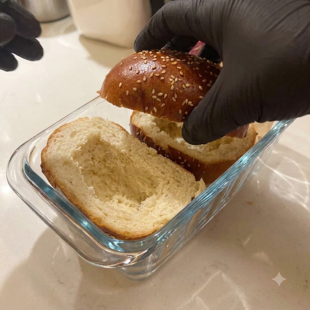 Eine Käsescheibe, die in die untere Hälfte des ausgehöhlten Hamburgerbrötchens gelegt wird.