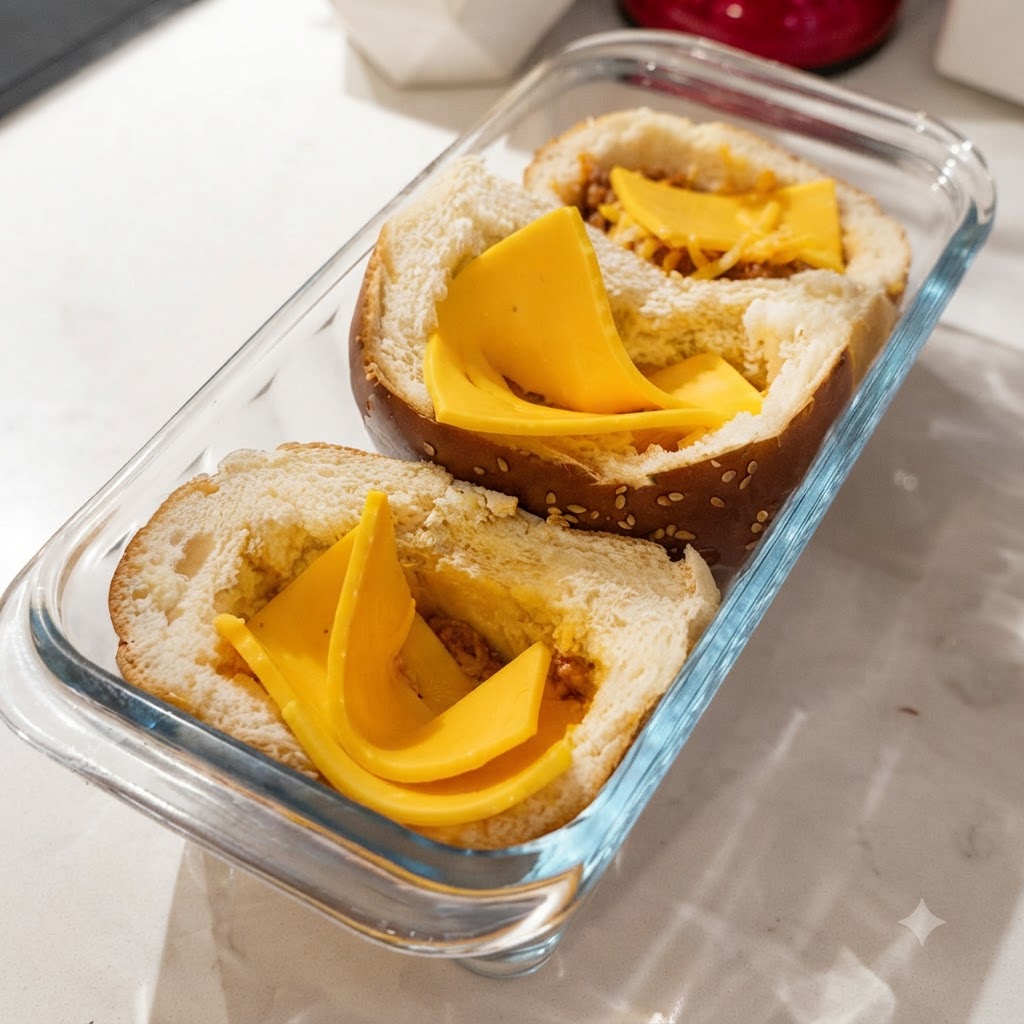 Vorbereitete Rinderhackfleischfüllung, die auf die Käsescheiben in die Hamburgerbrötchen gelöffelt wird.