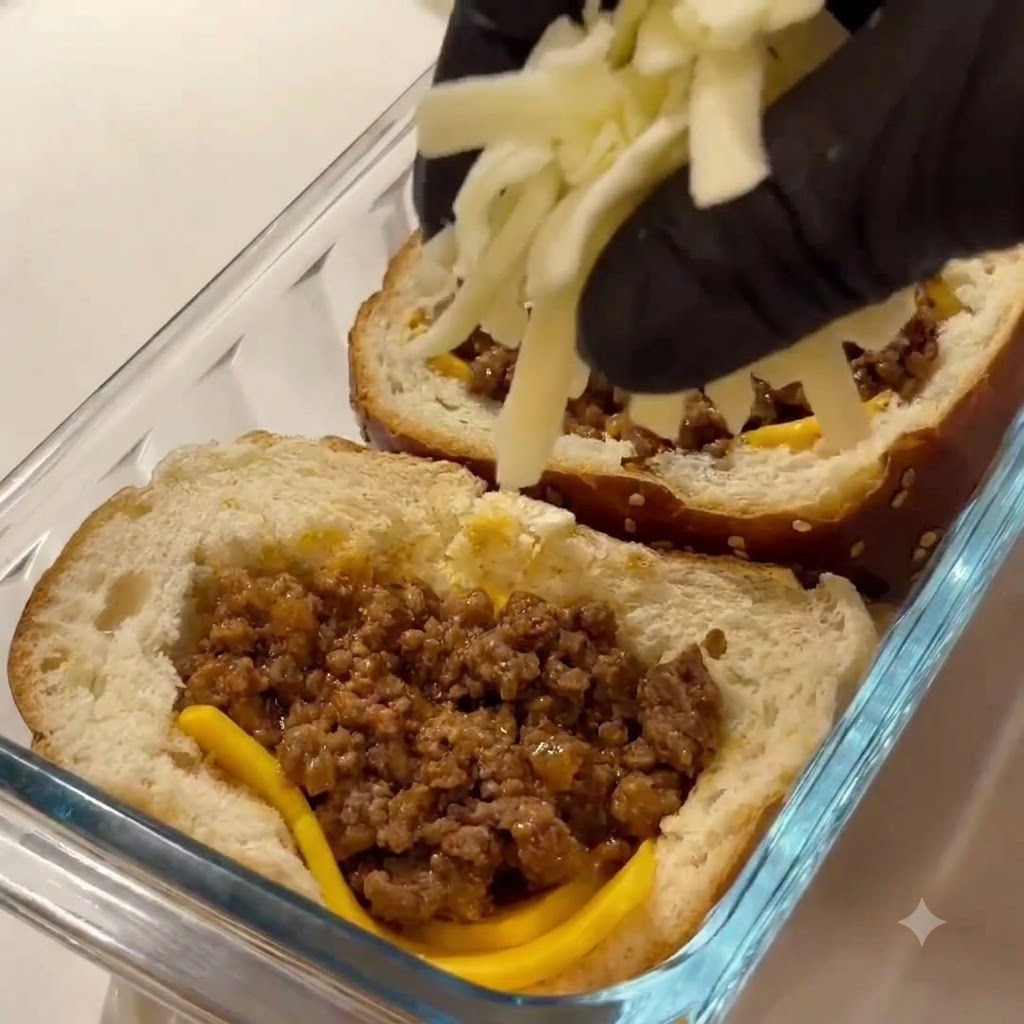 Frischer, geriebener Casar-Käse wird gleichmäßig über die Fleischfüllung in den ausgehöhlten Brötchen gestreut.