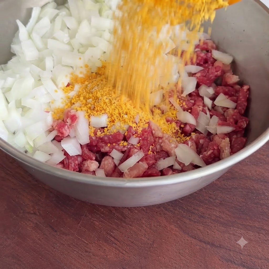 Gelbes Paniermehl wird aus einem Behälter in die Metallschüssel mit Hackfleisch und Zwiebeln geschüttet.