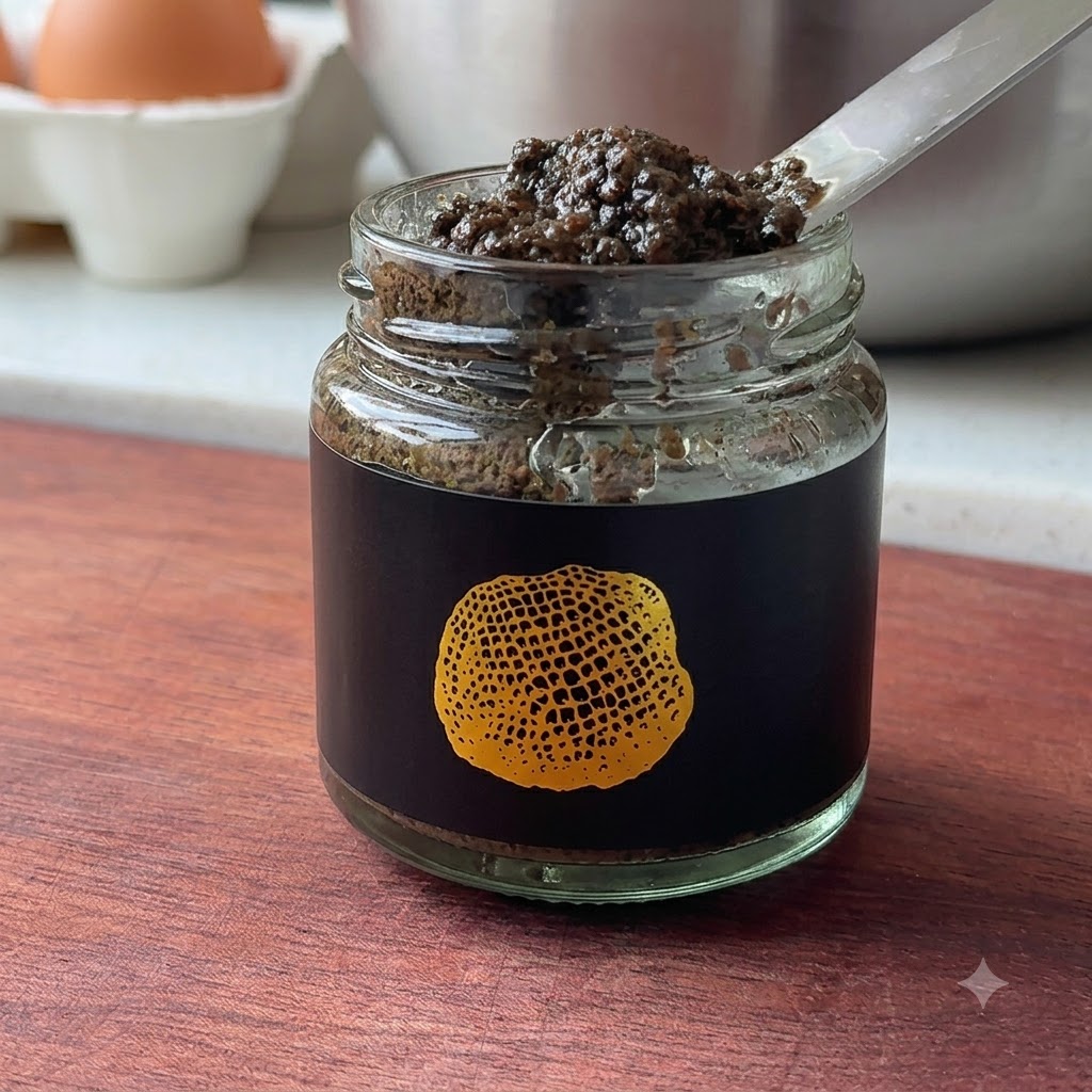 Ein Löffel dunkle Trüffelsoße vor einem Glas mit schwarz-goldener Etikette.