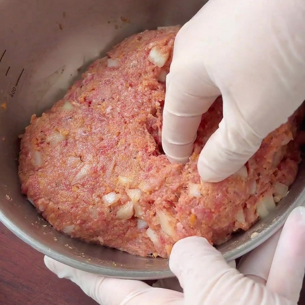 Mit Handschuhen bekleidete Hände formen eine dichte Fleisch-Zwiebel-Masse in einer Schüssel zu einem runden Patty.