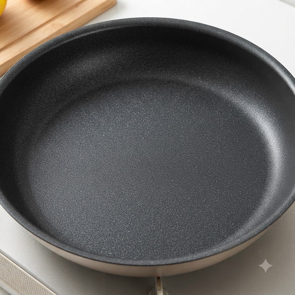Eine leere dunkle Antihaft-Pfanne auf dem Herd neben einem Holzschneidebrett.