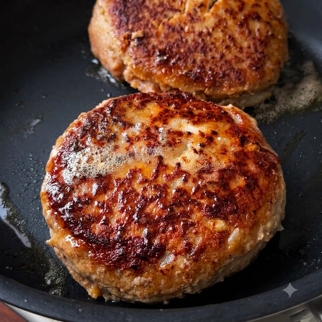Zwei dicke Burger-Patties mit dunkler goldbrauner Kruste brutzeln in einer heißen Pfanne.