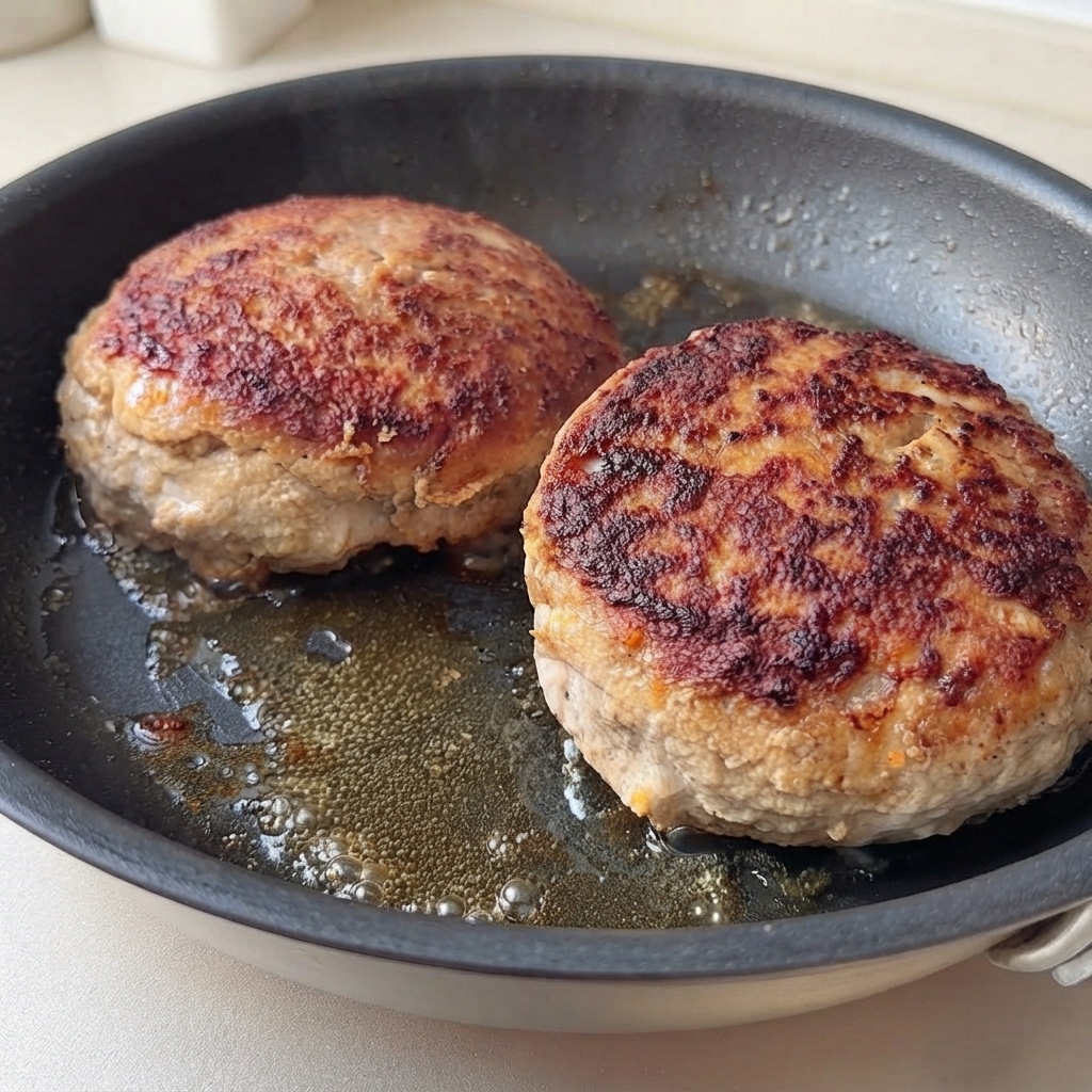 Zwei goldbraune Burger-Patties brutzeln in einer Pfanne umgeben von blubberndem Öl und Bratensaft.