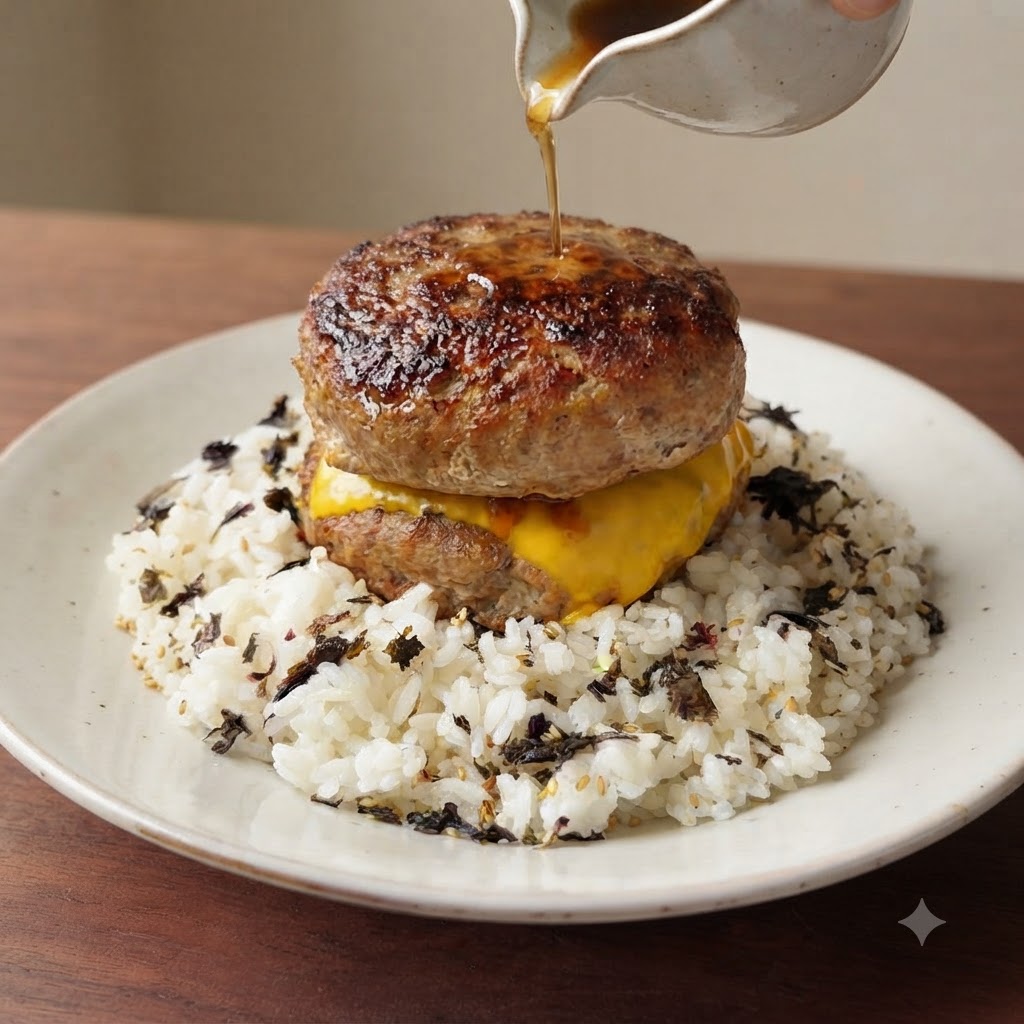 Ein kleines weißes Kännchen gießt klare, pikante Soße über gestapelte Burger-Patties und geschmolzenen Käse auf Reis.