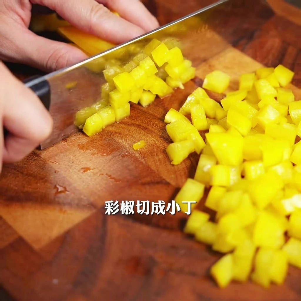 Eine gelbe Paprika wird auf einem Holzschneidebrett mit einem silbernen Messer sorgfältig in kleine Stücke geschnitten.