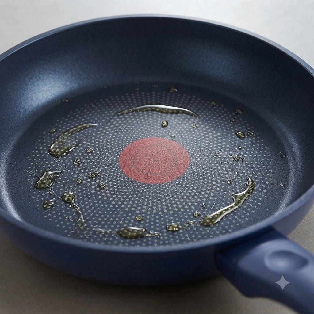 Fein gehackte Zwiebeln und in Scheiben geschnittener Knoblauch garen in einer blauen Pfanne mit Öl bei schwacher Hitze.