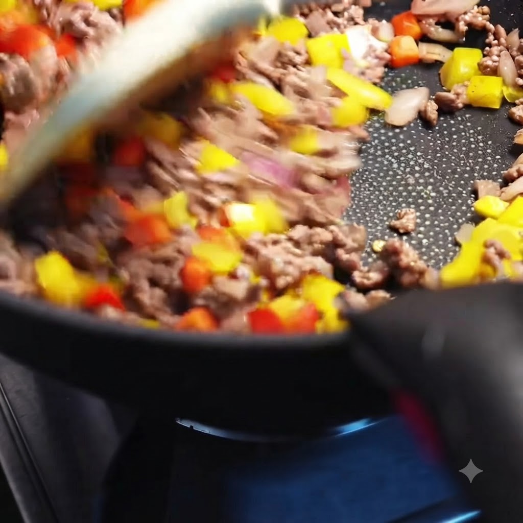Gewürzmischung, Salz und Zucker werden in einer Bratpfanne zu der brutzelnden Rindfleisch-Paprika-Mischung gegeben.