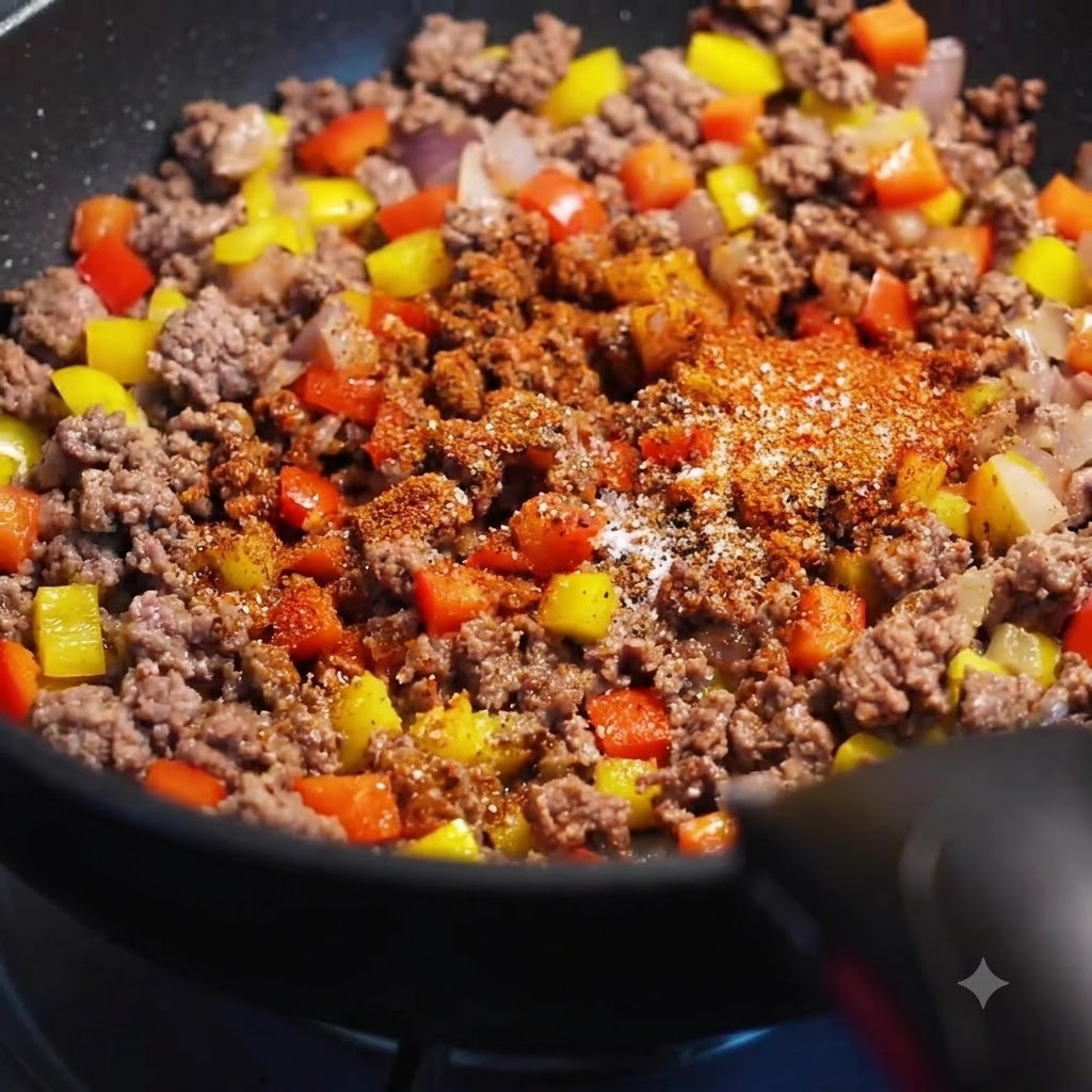 Gewürzpulver, Salz, Zucker und Maiskörner gemischt mit der Rindfleisch-Paprika-Pfanne in einer Pfanne.