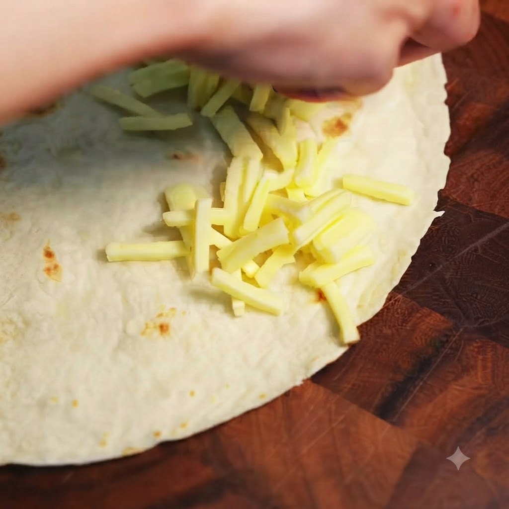Geriebener Mozzarella-Käse wird auf eine Hälfte einer runden Weizentortilla gestreut, die auf einem Holzbrett liegt.