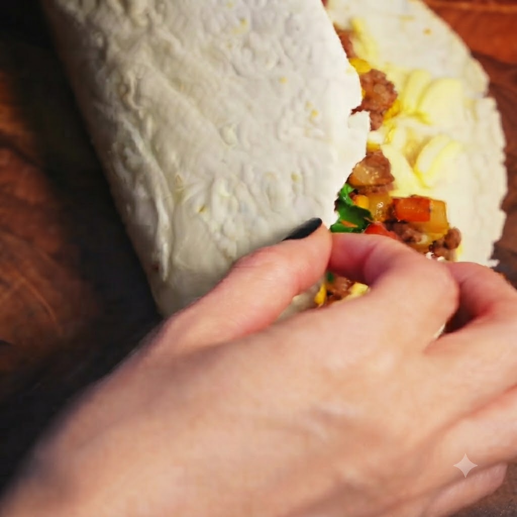 Eine Weizentortilla wird über einer Füllung aus Rindfleisch, Käse und Gemüse in der Mitte zusammengeklappt.