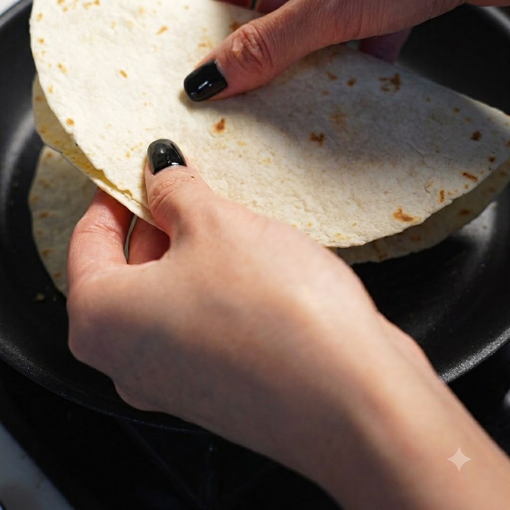 Eine gefaltete Quesadilla wird in eine heiße schwarze Antihaft-Pfanne gelegt.