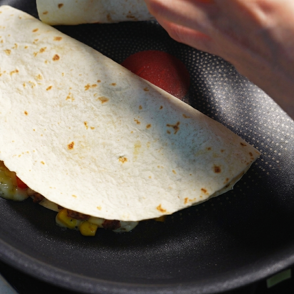 Eine gefaltete Tortilla-Quesadilla brät in einer dunklen Pfanne und wird mit einem Spatel gewendet.